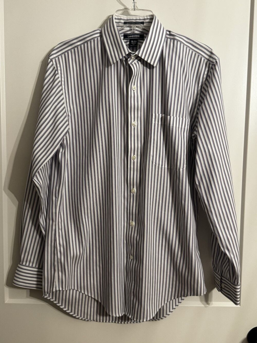 LANDS’ END Mens 15-33 Tailored Fit Striped Button Down Long Sleeve Work Office